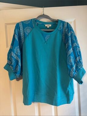 Umgee Teal Puff-Sleeve Embroidered Sweatshirt